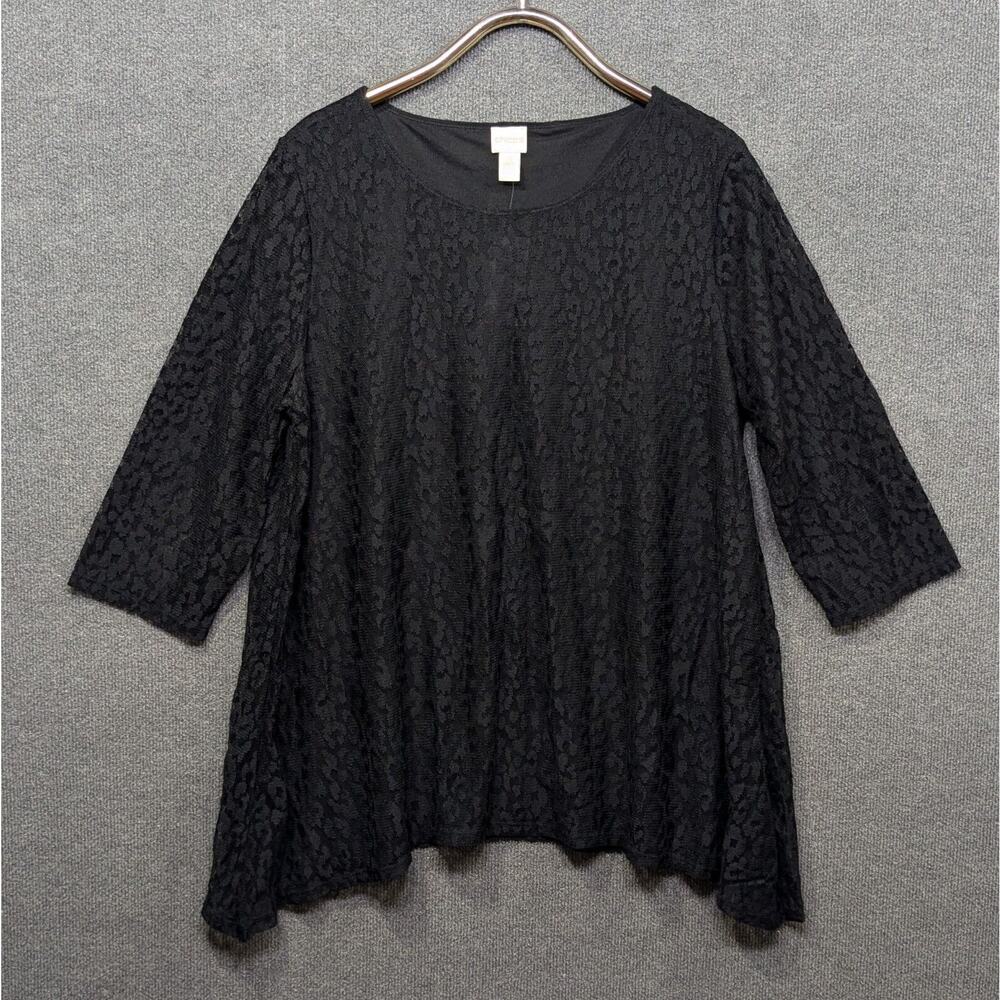 Chicos 3 Lace Top Womens XL Senoia Sharkbite Hem Flowy Lined Blouse Black